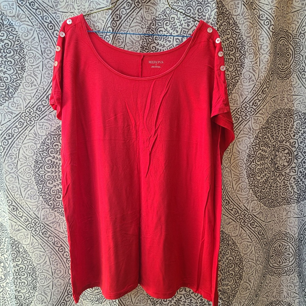 Merona Short Sleeve Top Women 2X Red Button Shoulder Scoop Neck Relaxed Fit